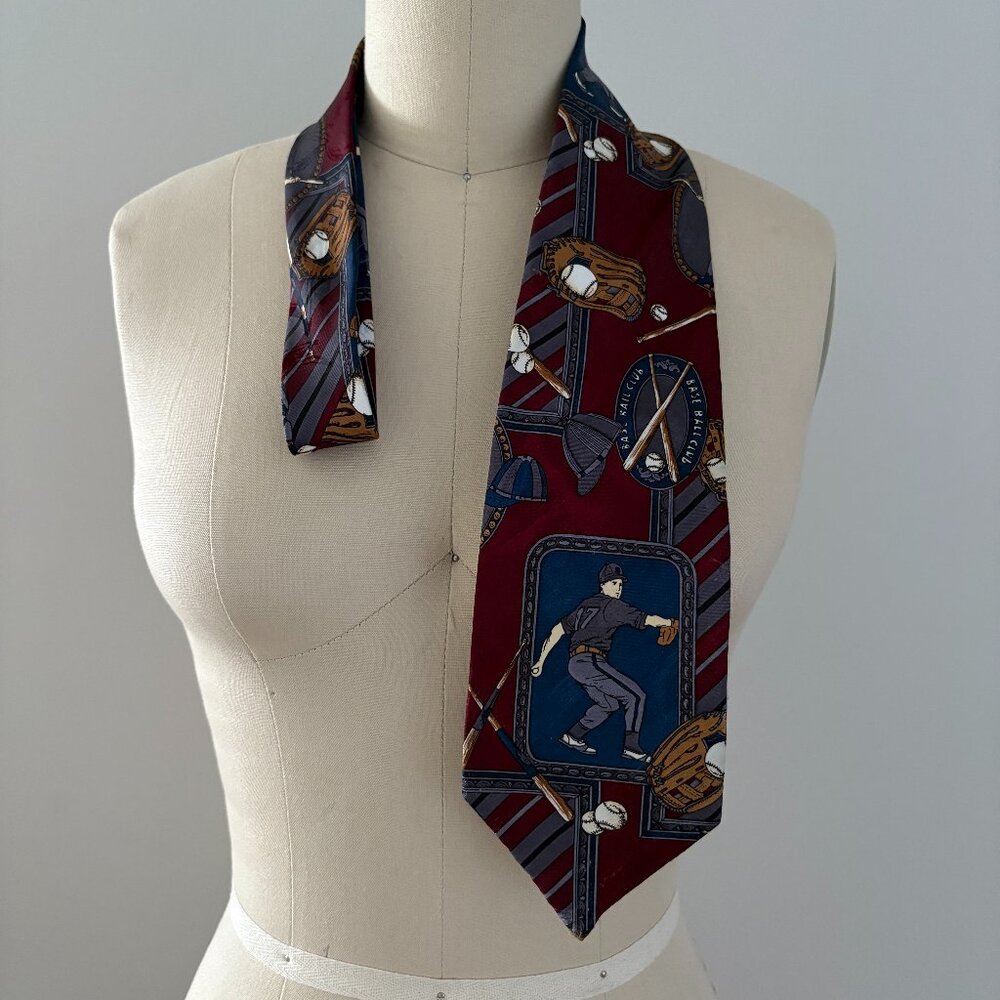 Baseball Tie 100% Silk Glove Bats Maroon Grey Necktie Sporty Party